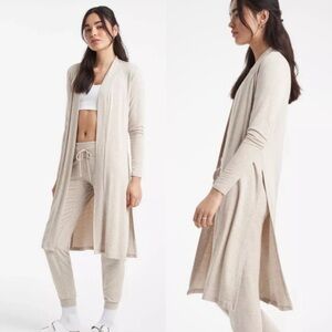 BEYOND YOGA Atheleisure Longlined High Slit Modal Duster Cardigan in Oatmeal